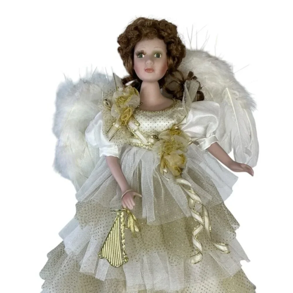 Vintage Porcelain Angel Doll 19” Brunette with Stand Gold White Lace Gown 1989